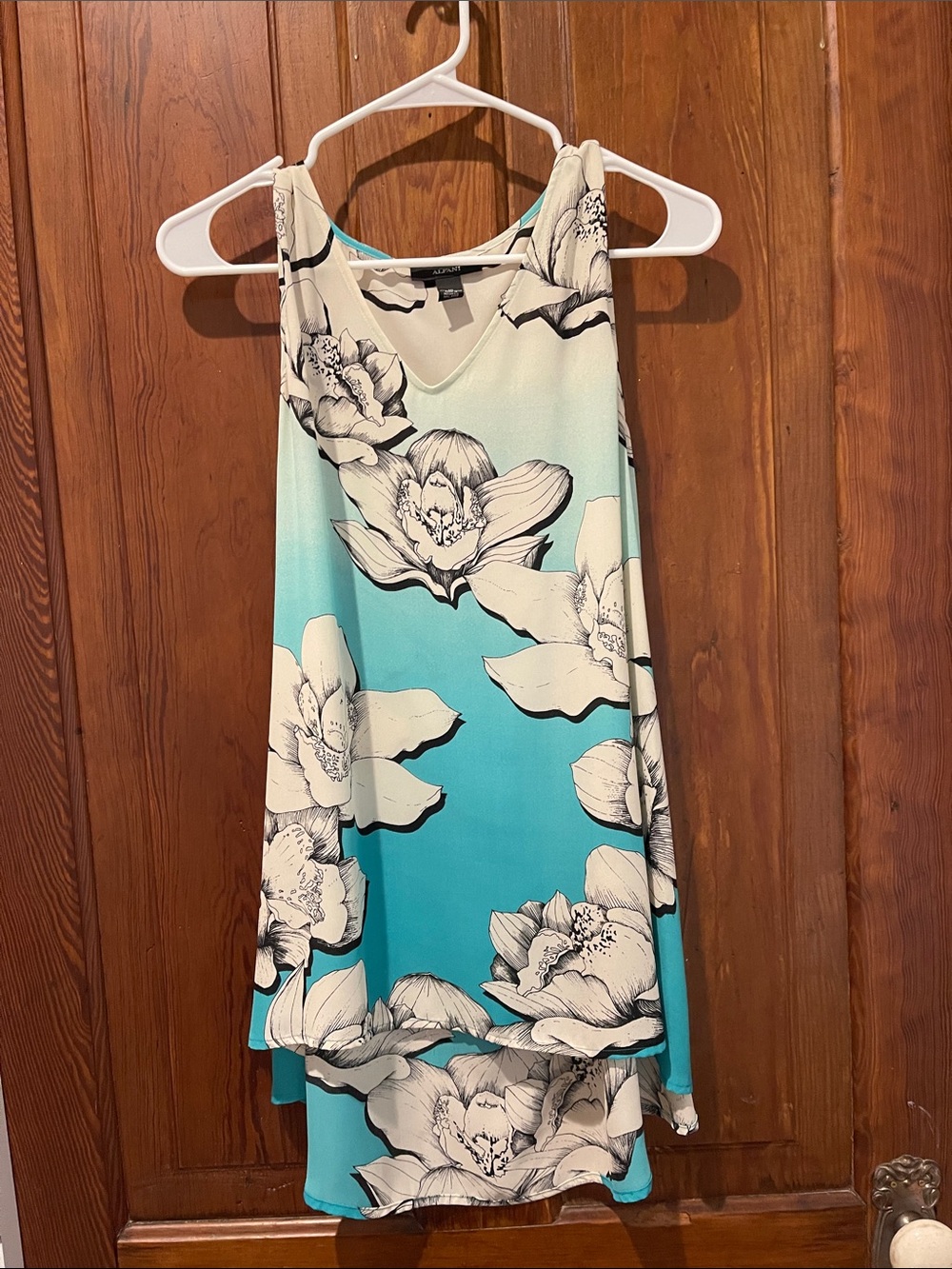 Alfani Cream Shift Dress with Black Floral Sketch and Teal Trim